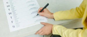 Persona completando un plan semanal de alimentación y registro de líquidos